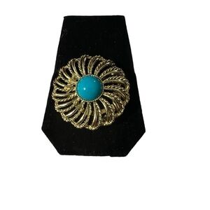 50mm Substantial Gold Tone Domed Wreath Flower Faux Turquoise Bead Brooch Pin
